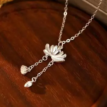 Ожерелье с подвеской в виде лотоса из серебра Banyan Tree S925: Женская новая китайская цепочка на ключицу в старинном стиле NS2996 серебряный