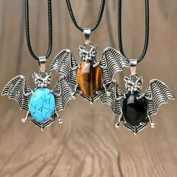 Ожерелье с подвеской в виде маленькой летучей мыши, ожерелье с подвеской в виде летучей мыши, ювелирные изделия вампира, овальная оправа из драгоценных камней на Хэллоуин, подарок лучшим друзьям