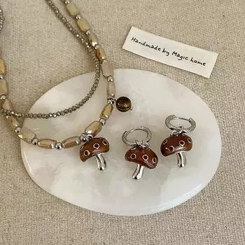 Ожерелье с подвеской в виде маслянистого гриба с кристаллами, серьги-гвоздики, женская, милая, изысканная, модная, универсальная, цепочка на шею, цепочка на свитер