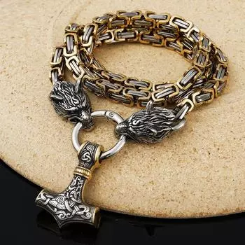 Ожерелье с подвеской в виде молота Тора в мифологии викингов, голова волка, Золотая императорская цепочка, ожерелье, ювелирные изделия из нержавеющей стали 80