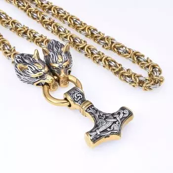Ожерелье с подвеской в виде молота Тора из нержавеющей стали в скандинавском стиле, золотое кольцо, ожерелье с головой волка 50CM