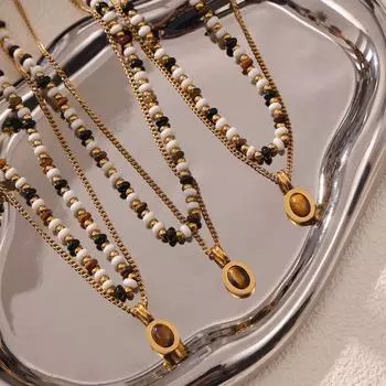 Ожерелье с подвеской в виде овала из натурального камня с тигровым глазом, женская нишевая легкая роскошная ретро-цепочка из титановой стали с двумя слоями