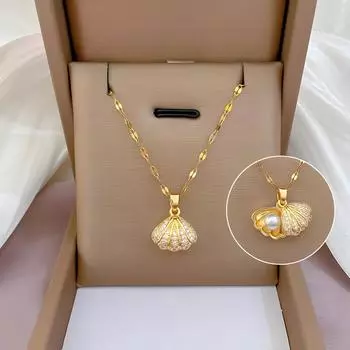 Ожерелье с подвеской в виде ракушки морской звезды, инкрустированной цирконием, с открытым жемчугом из ракушки, для женщин, из нержавеющей стали, искусственные жемчуга, ювелирные изделия серебряный