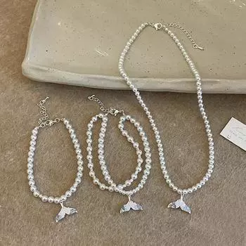 Ожерелье с подвеской в виде рыбьего хвоста с жемчугом и кристаллами, браслет для женщин, элегантная, модная, универсальная, на шею, на ключицу