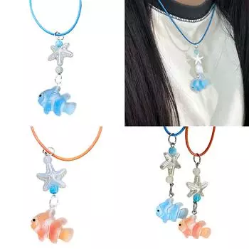 Ожерелье с подвеской в виде рыбки из кристаллов для модных женщин, идеально подходит для повседневной носки и фотосъемки в путешествии оранжевый