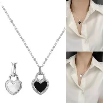 Ожерелье с подвеской в виде сердца, черно-белое двухстороннее ожерелье с подвеской в виде сердца, титановая сталь, цепочка на ключицу