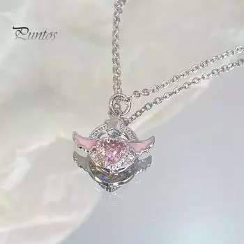 Ожерелье с подвеской в виде сердца, искусственные хрустальные крылья ангела, розовое колье в виде сердца, женское ювелирное изделие, подарок для свиданий, повседневной носки, банкета, вечеринки, работы розовый