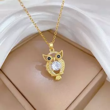 Ожерелье с подвеской в виде совы из белого синтетического циркона для женщин 45cm золотой