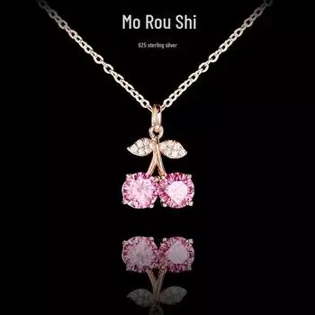 Ожерелье с подвеской в виде вишни из стерлингового серебра 925 пробы с розовым золотом и муассанитом - простая и универсальная летняя цепочка для ключицы White Moissanite; 925 Silver белый