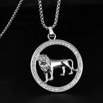 Ожерелье с подвеской в виде животного, инкрустированное цирконием, модный хип-хоп ретро-аксессуар в виде льва 55CM серебряный