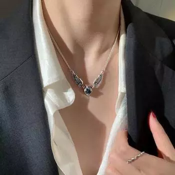 Ожерелье с подвеской, винтажная подвеска в виде сердца, геометрическая гальваника, искусственный кристалл, гипоаллергенные крылья ангела серебряный