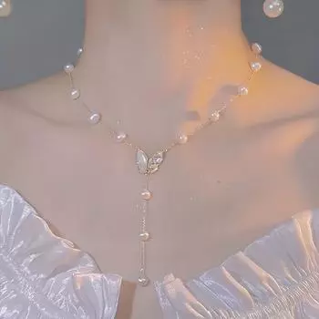 Ожерелье с полой бабочкой, женская универсальная цепочка на воротнике с кисточками из искусственного жемчуга, подарок на день рождения, Рождество, Хэллоуин, аксессуары для вечеринок as the picture белый
