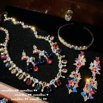 Ожерелье с радужными каплями и драгоценными камнями, античное позолоченное покрытие 18 карат, необычные серьги с цирконом в виде пурпурного цветка