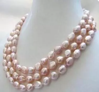 ОЖЕРЕЛЬЕ С РОЗОВЫМ БАРОЧНЫМ ЖЕМЧУГОМ 3 ряда 8-10мм17-18-19