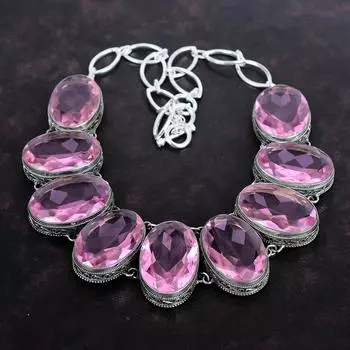 Ожерелье с розовым граненым кунцитом, ювелирные изделия из натурального драгоценного камня, ожерелье из стерлингового серебра 925 пробы, регулируемое ожерелье-цепочка, винтажное ожерелье, подарки для нее