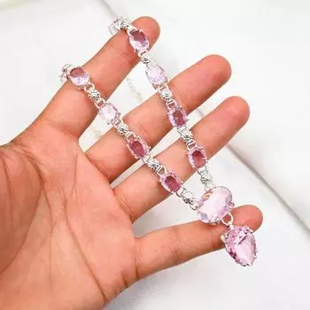 Ожерелье с розовым кунцитом, ювелирные изделия с драгоценными камнями, ожерелье из цельного серебра 925 пробы, ювелирные изделия ручной работы с камнями по месяцу рождения, подарок для него 18 Inches розовый
