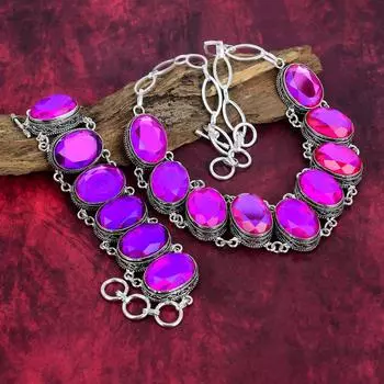Ожерелье с розовым топазом, ювелирные изделия, браслет из серебра 925 пробы с драгоценными камнями, ручная работа, регулируемая цепочка, уникальный комплект украшений из ожерелья и браслета Adjustable With 8 -18 розовый