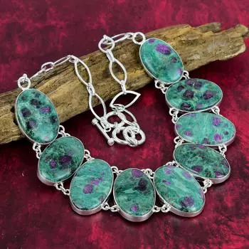 Ожерелье с рубином и фукситом, ожерелье из чистого серебра 925 пробы с натуральным драгоценным камнем, ювелирные изделия ручной работы, подарок на день рождения и годовщину для нее Adjustable with 18 inches зелёный