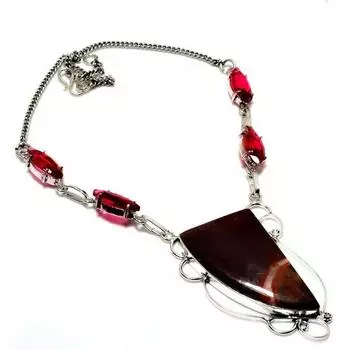 Ожерелье с серебряным покрытием 925 пробы, розовый рубиллит, капучино, яшма, 18 дюймов 18 коричневый