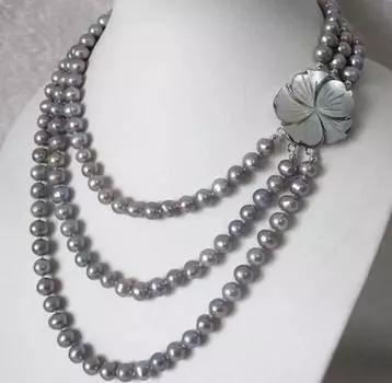 Ожерелье с серым пресноводным жемчугом 7–9 мм, 3 ряда, модные ювелирные изделия
