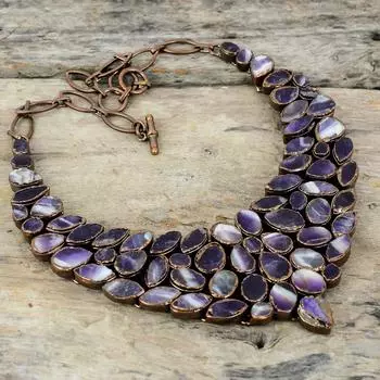 Ожерелье с шевроном и аметистом, медное ожерелье, полученное электроформованием, регулируемая цепочка, ожерелье, ювелирные изделия из драгоценных камней, достойное ожерелье ручной работы, подарок на годовщину
