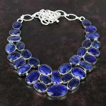 Ожерелье с синим сапфиром и драгоценным камнем, ювелирное изделие, ожерелье из стерлингового серебра 925 пробы, регулируемая цепочка, ожерелье, подарок для жены, ювелирные изделия ручной работы 18 inches синий