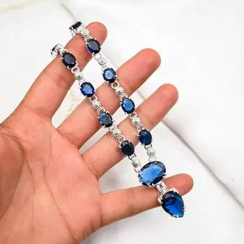 Ожерелье с синим сапфиром, ожерелье ручной работы с драгоценными камнями, ожерелье из цельного серебра 925 пробы, старинные ювелирные изделия, для подарка на помолвку 18 Inches синий