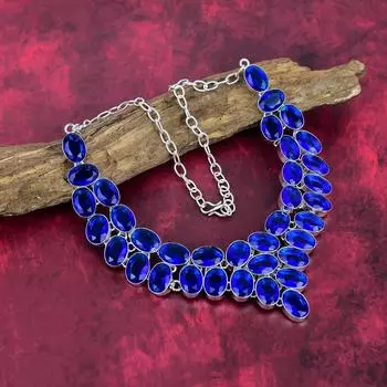 Ожерелье с синим сапфиром, ожерелье ручной работы с драгоценными камнями, ожерелье из цельного серебра 925 пробы, старинные ювелирные изделия, для подарка на помолвку Adjustable With 18 Inches синий
