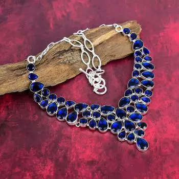 Ожерелье с синим сапфиром, ожерелье ручной работы с драгоценными камнями, ожерелье из цельного серебра 925 пробы, старинные ювелирные изделия, для подарка на помолвку Adjustable With 18 Inches синий