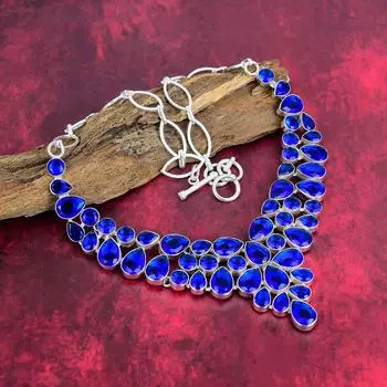 Ожерелье с синим сапфиром, ожерелье ручной работы с драгоценными камнями, ожерелье из цельного серебра 925 пробы, старинные ювелирные изделия, для подарка на помолвку Adjustable With 18 Inches синий