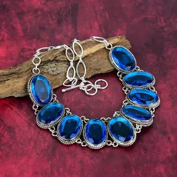 Ожерелье с синим топазом, ожерелье из стерлингового серебра 925 пробы, ювелирные изделия из драгоценных камней, регулируемое ожерелье-цепочка ручной работы, удивительные украшения, подарок для нее Adjustable with 18 inches синий