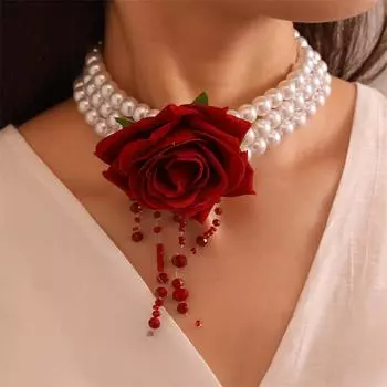 Ожерелье с темным жемчугом на Хэллоуин, новинка 2024 года, модное женское свадебное украшение с розой и бисером, женские многослойные ожерелья с кисточками