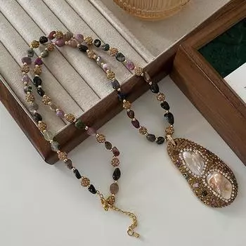Ожерелье с турмалиновыми бусинами, ювелирные изделия премиум-класса в этническом стиле, натуральный барочный жемчуг, кулон, длинное ожерелье, ювелирные изделия
