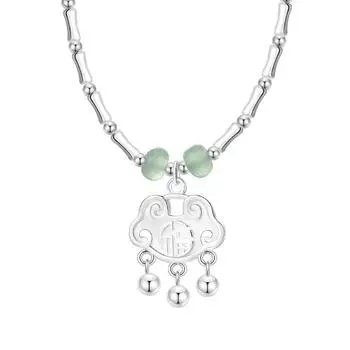 Ожерелье с замком безопасности бренда Fu, зеленая костяная цепочка с замком Dongling и бамбуковым узлом, аксессуары в национальном стиле Hanfu