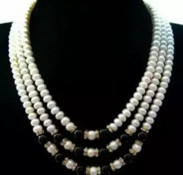 Ожерелье с застежкой из оникса и черного агата, 3 ряда, 7-8 мм, из натуральной белой жемчужины
