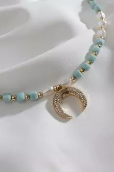 Ожерелье с зеленой луной и камнем из циркона и жемчугом