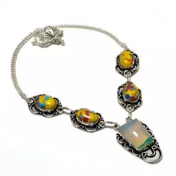 Ожерелье с зеленым кружевным агатом, мозаикой, яшмой, драгоценным камнем 925, посеребренным, 18 дюймов 18 зелёный