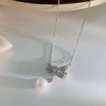 Ожерелье с жемчугом и бантом на груди Sweet Niche Design Sense Clavicle Chain Temperament Super Fairy
