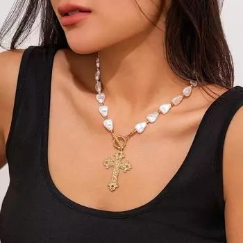 Ожерелье с жемчужными бусинами в европейском и американском стиле с ключицей и уникальной пряжкой из сплава OT золотой