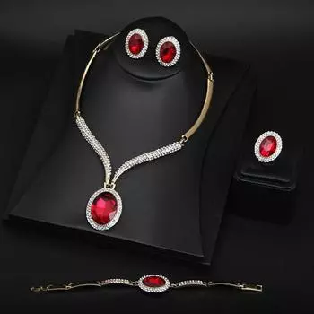 Ожерелье, серьги, кольцо, браслет, большой драгоценный камень, горный хрусталь, женские аксессуары из четырех предметов красный