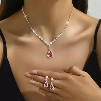 Ожерелье Серьги Комплект Украшения Для Вечеринки Банкета Свадебные Красные Капли Воды Стеклянное Ожерелье Серьги