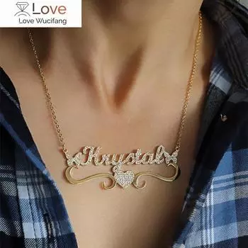 Ожерелье Сердце Бабочка Бриллианты Подвеска с табличкой из золота и нержавеющей стали Персонализированные женские ювелирные изделия Подарки 45cm розового золота