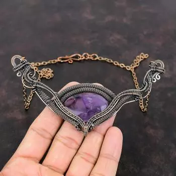 Ожерелье со звездным аметистом, ожерелье из медной проволоки, ожерелье из настоящего драгоценного камня, регулируемое ожерелье из цепочки, ювелирные изделия ручной работы из меди, подарок для мамы