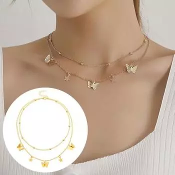 Ожерелье со звездой-бабочкой, женское двухслойное ожерелье-цепочка с бусинами, элегантный подарок золотистый