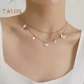 Ожерелье со звездой-бабочкой, женское двухслойное ожерелье с бусинами, модная подвеска, элегантный подарок для жены, подруги золотистый