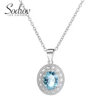 Ожерелье SODROV с подвеской из синего циркона и цепочкой из нержавеющей стали