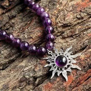 Ожерелье «Солнце» с аметистом, Ювелирные изделия ручной работы, Серебряные украшения, Серебро 925 пробы, Ожерелье из бусин с аметистом фиолетовый