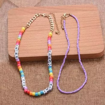 Ожерелье-свитер Темперамент Универсальный Цветной Рисовый Бусины Буквы Ключицы Цепи Двойной Слой Ожерелье