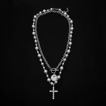 Ожерелье унисекс из жемчуга с бриллиантовой подвеской-смайликом в виде креста — стильный японский и корейский стиль Pearl Cross