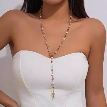 Ожерелье в европейском и американском стиле с инкрустированным жемчугом Y-образной формы и цепочкой из сплава на ключицу 6783 золотой